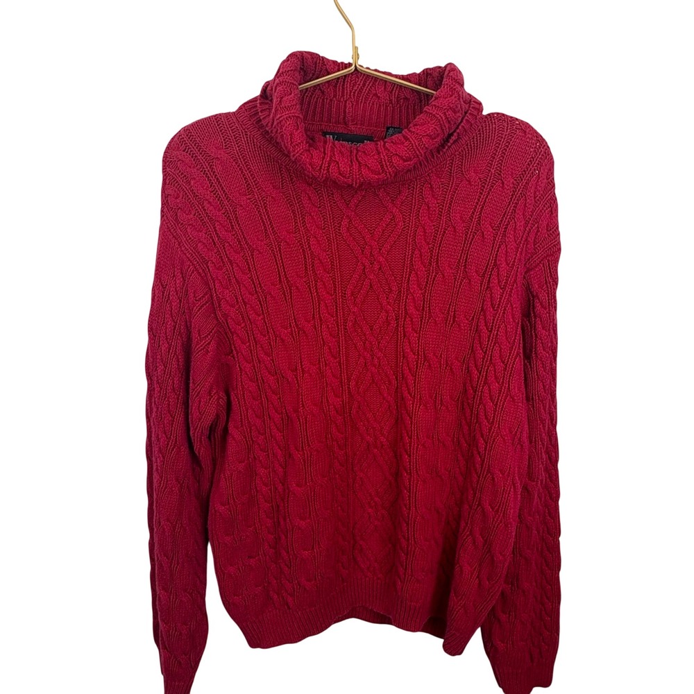 90's Vintage Red Cable Knit Cowl Neck Chunky Sweater Small 100% Cotton